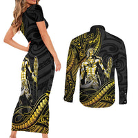Filipinos Lapu Lapu Hero Couples Matching Short Sleeve Bodycon Dress and Long Sleeve Button Shirt Gold Polynesian Tribal Tattoo