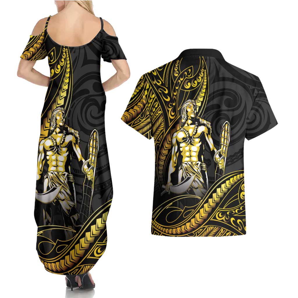 Filipinos Lapu Lapu Hero Couples Matching Summer Maxi Dress and Hawaiian Shirt Gold Polynesian Tribal Tattoo