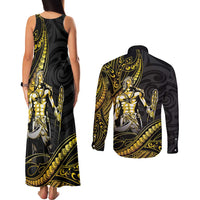 Filipinos Lapu Lapu Hero Couples Matching Tank Maxi Dress and Long Sleeve Button Shirt Gold Polynesian Tribal Tattoo