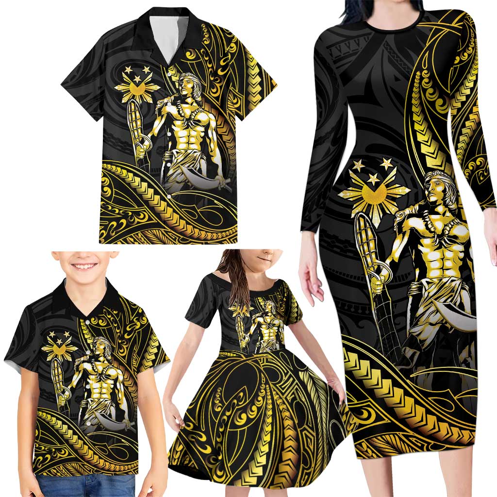 Filipinos Lapu Lapu Hero Family Matching Long Sleeve Bodycon Dress and Hawaiian Shirt Gold Polynesian Tribal Tattoo LT05 - Polynesian Pride