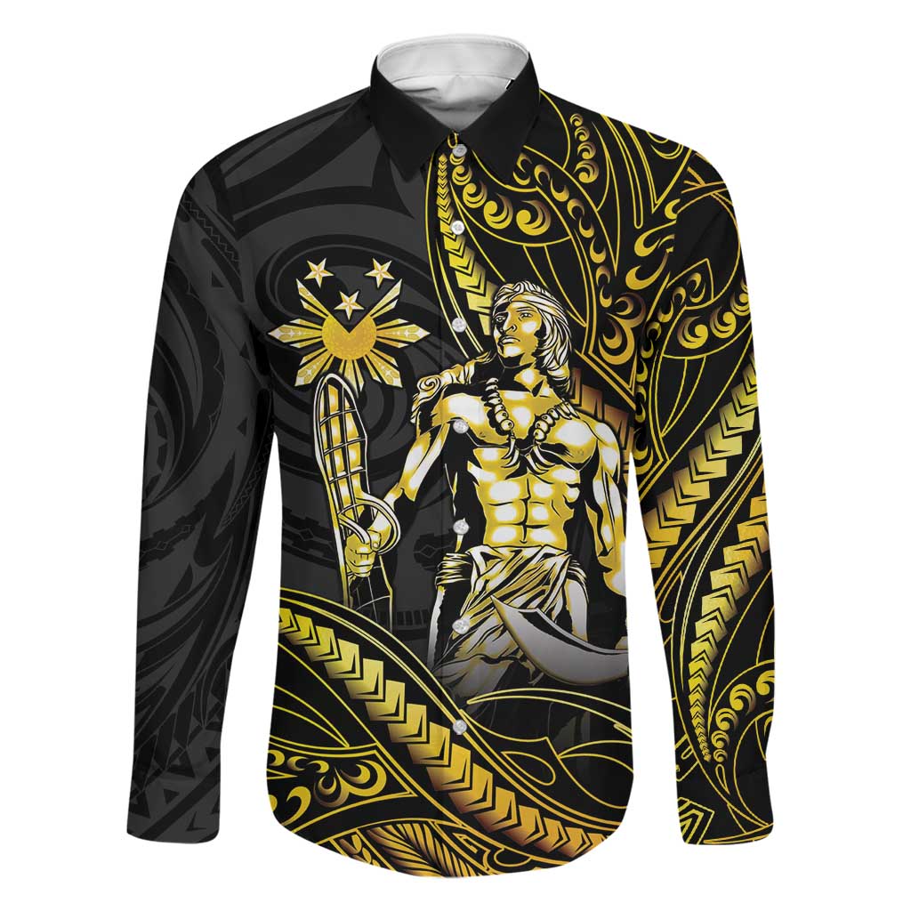 Filipinos Lapu Lapu Hero Family Matching Long Sleeve Bodycon Dress and Hawaiian Shirt Gold Polynesian Tribal Tattoo LT05 Dad's Shirt - Long Sleeve Gold - Polynesian Pride