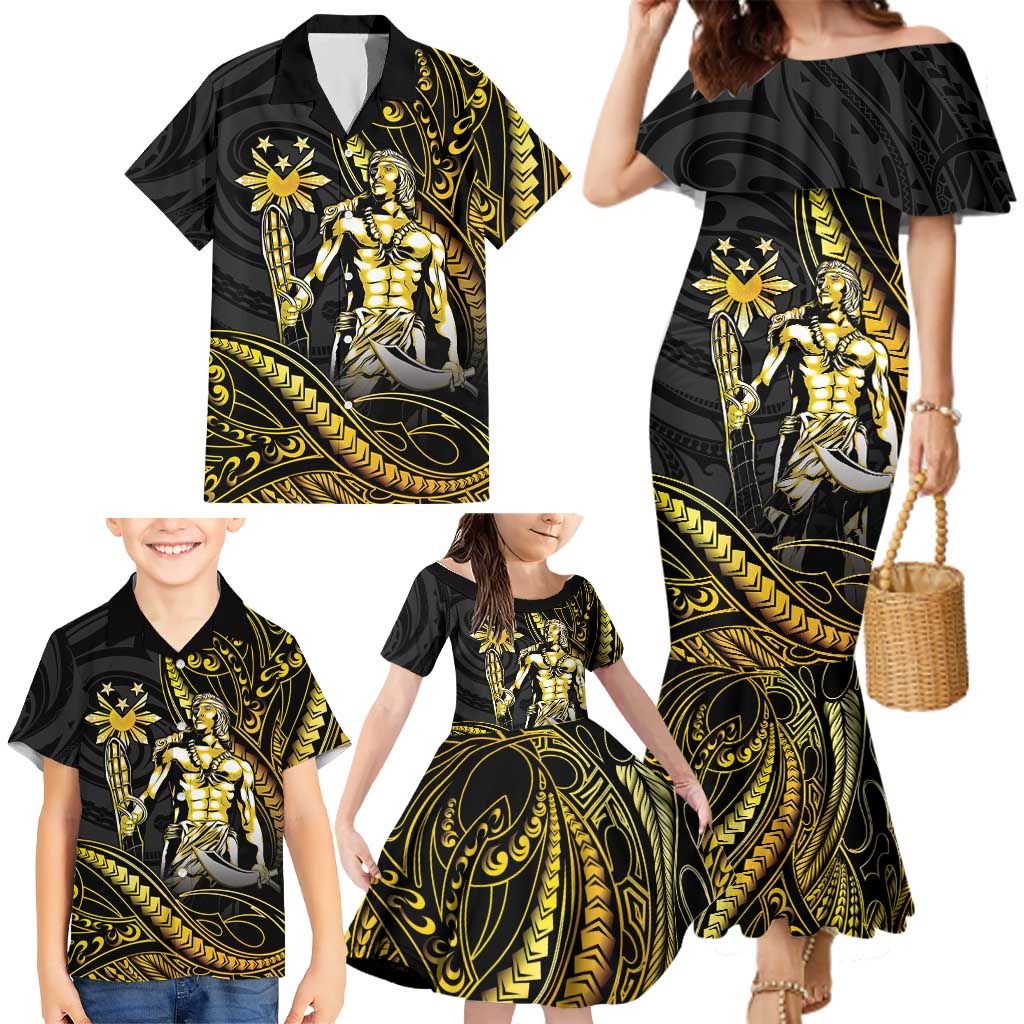 Filipinos Lapu Lapu Hero Family Matching Mermaid Dress and Hawaiian Shirt Gold Polynesian Tribal Tattoo LT05 - Polynesian Pride