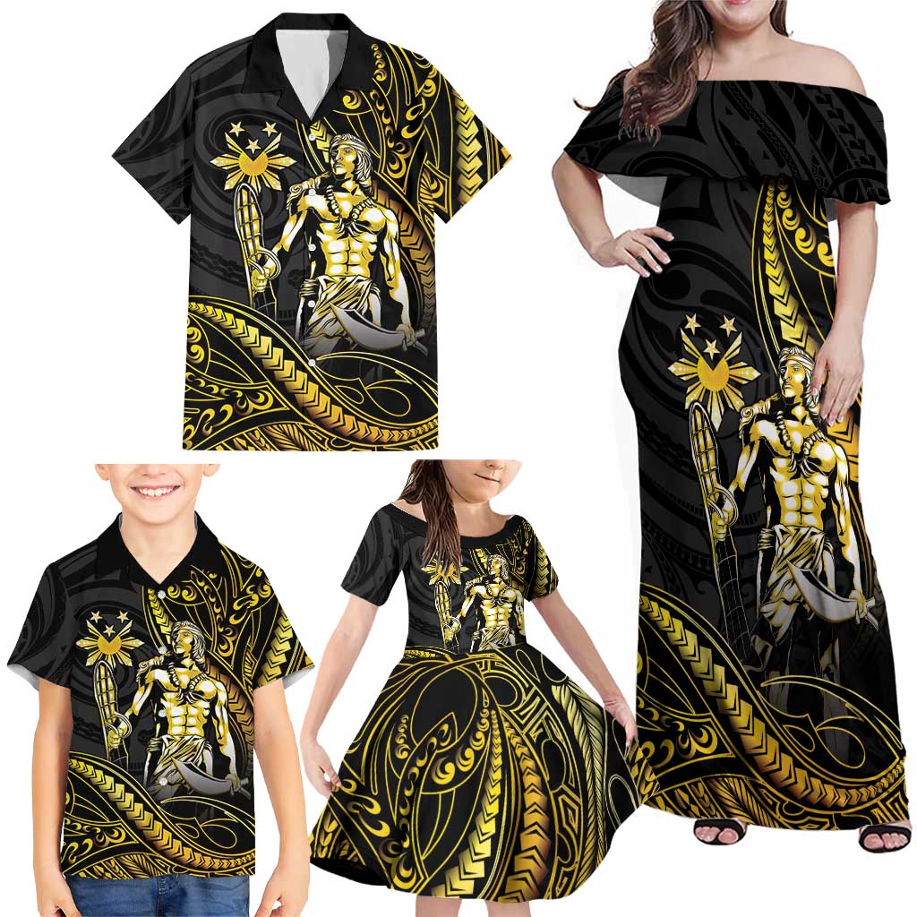 Filipinos Lapu Lapu Hero Family Matching Off Shoulder Maxi Dress and Hawaiian Shirt Gold Polynesian Tribal Tattoo LT05 - Polynesian Pride