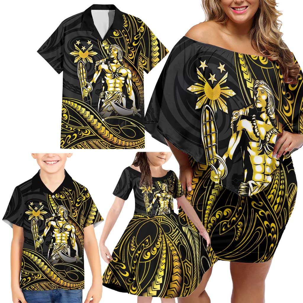 Filipinos Lapu Lapu Hero Family Matching Off Shoulder Short Dress and Hawaiian Shirt Gold Polynesian Tribal Tattoo LT05 - Polynesian Pride