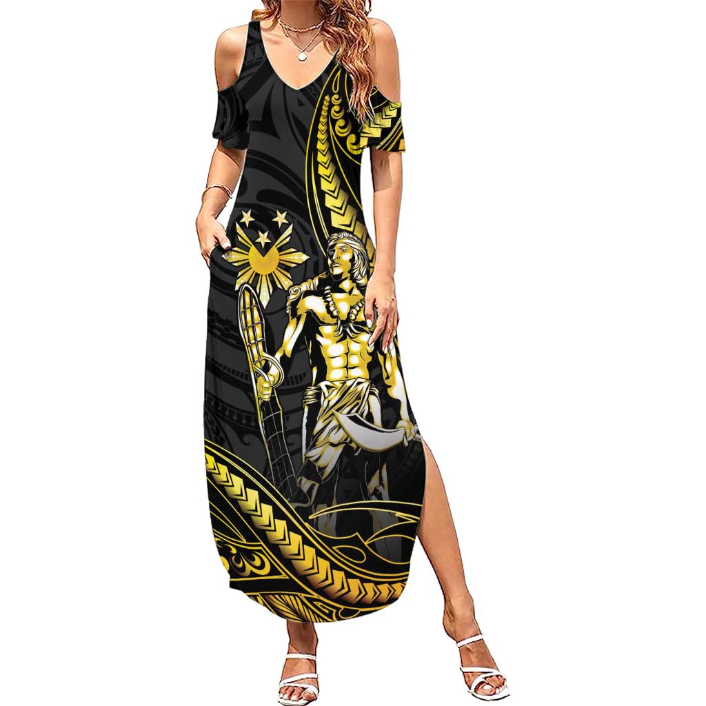 Filipinos Lapu Lapu Hero Family Matching Summer Maxi Dress and Hawaiian Shirt Gold Polynesian Tribal Tattoo LT05 Mom's Dress Gold - Polynesian Pride