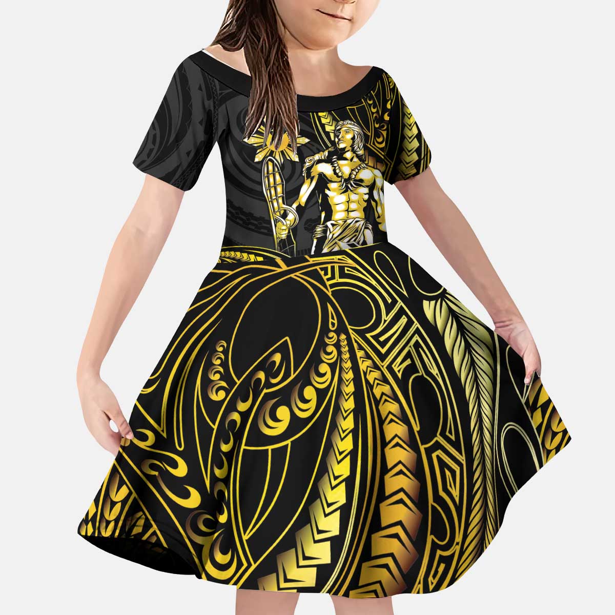 Filipinos Lapu Lapu Hero Kid Short Sleeve Dress Gold Polynesian Tribal Tattoo