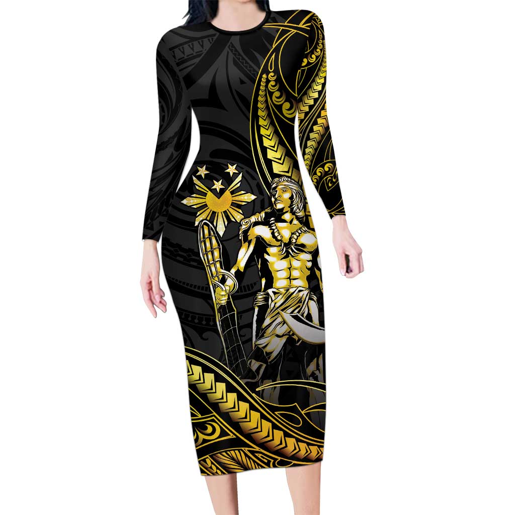 Filipinos Lapu Lapu Hero Long Sleeve Bodycon Dress Gold Polynesian Tribal Tattoo