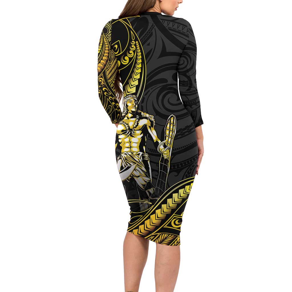 Filipinos Lapu Lapu Hero Long Sleeve Bodycon Dress Gold Polynesian Tribal Tattoo LT05 - Polynesian Pride