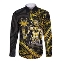 Filipinos Lapu Lapu Hero Long Sleeve Button Shirt Gold Polynesian Tribal Tattoo