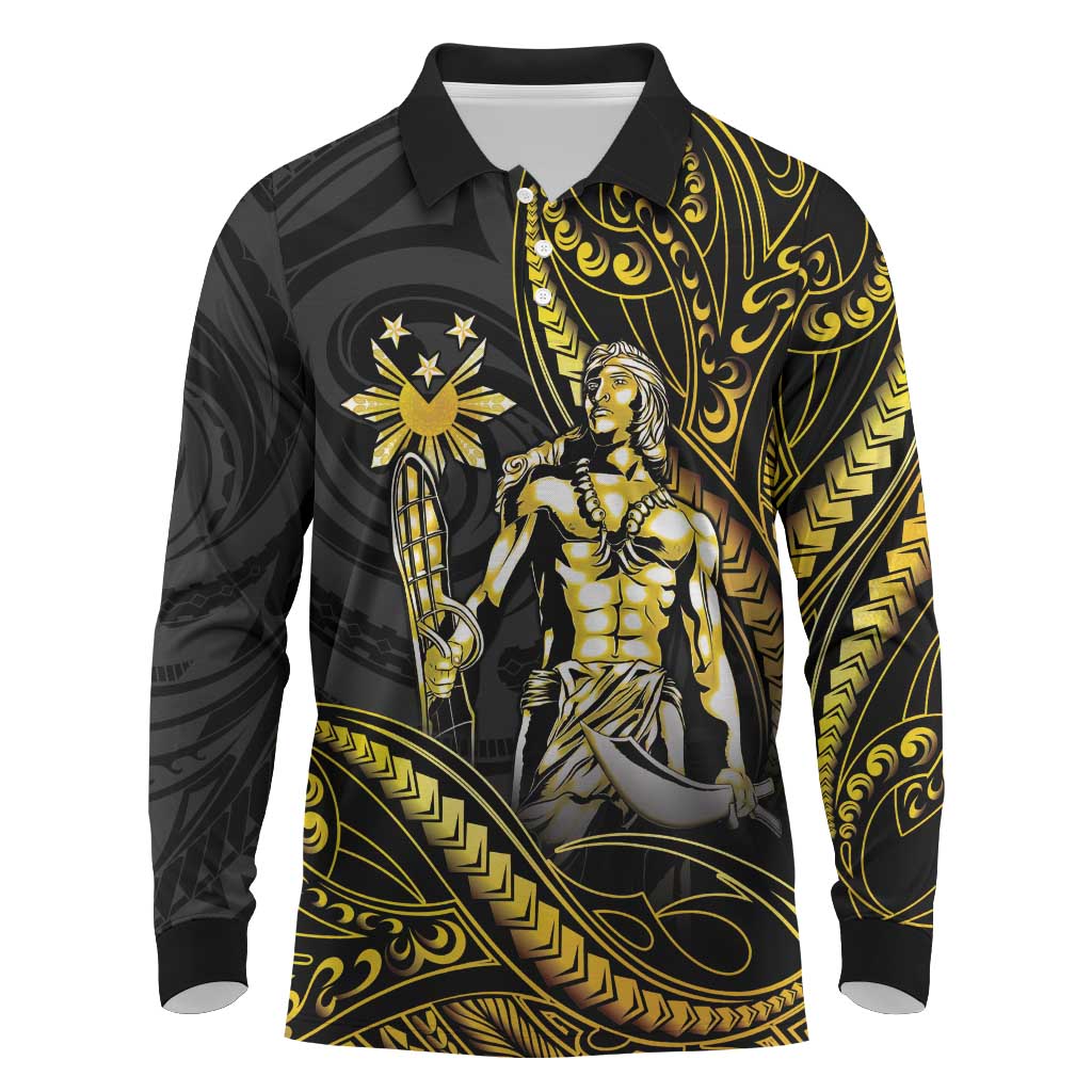 Filipinos Lapu Lapu Hero Long Sleeve Polo Shirt Gold Polynesian Tribal Tattoo LT05 Gold - Polynesian Pride