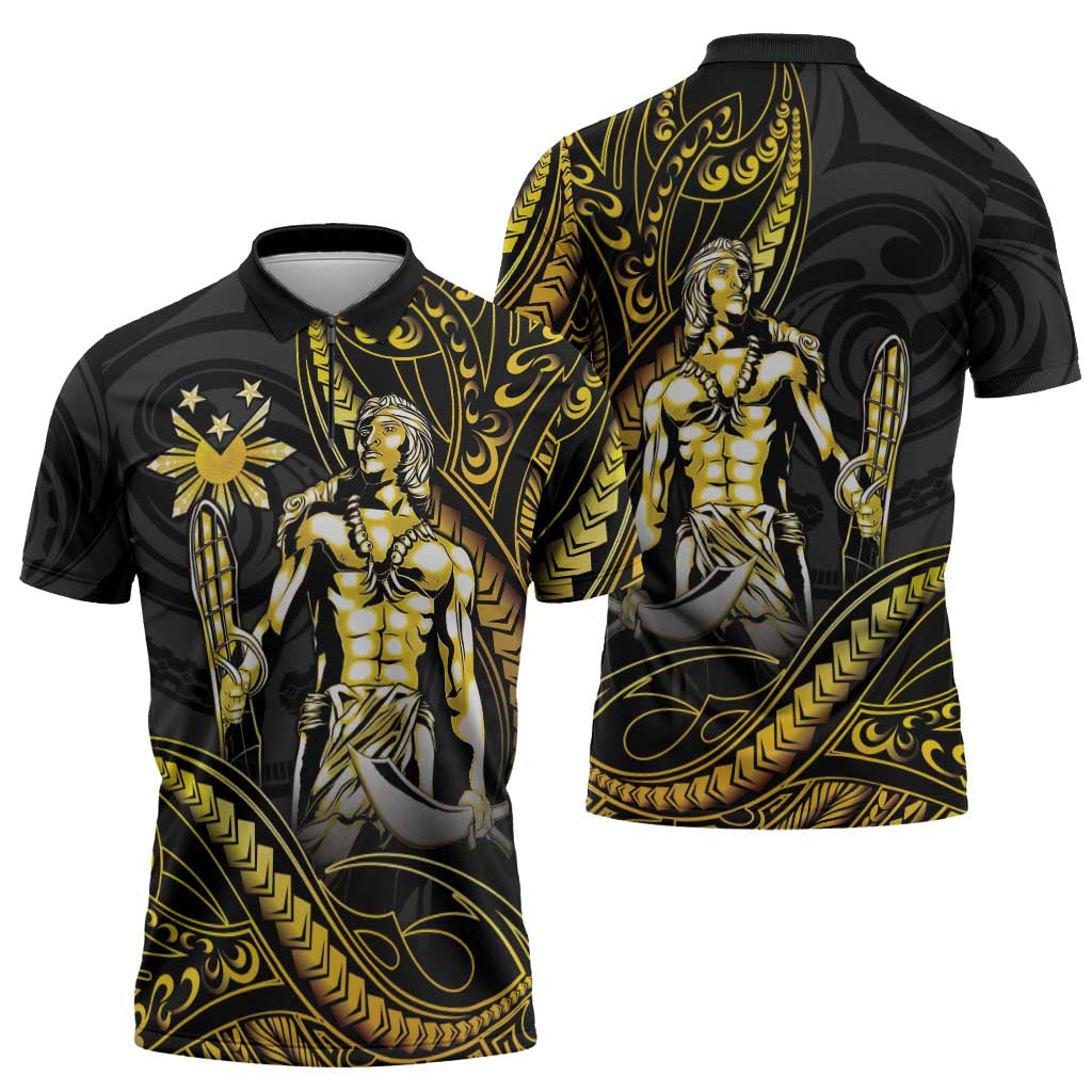 Filipinos Lapu Lapu Hero Zipper Polo Shirt Gold Polynesian Tribal Tattoo LT05 - Polynesian Pride