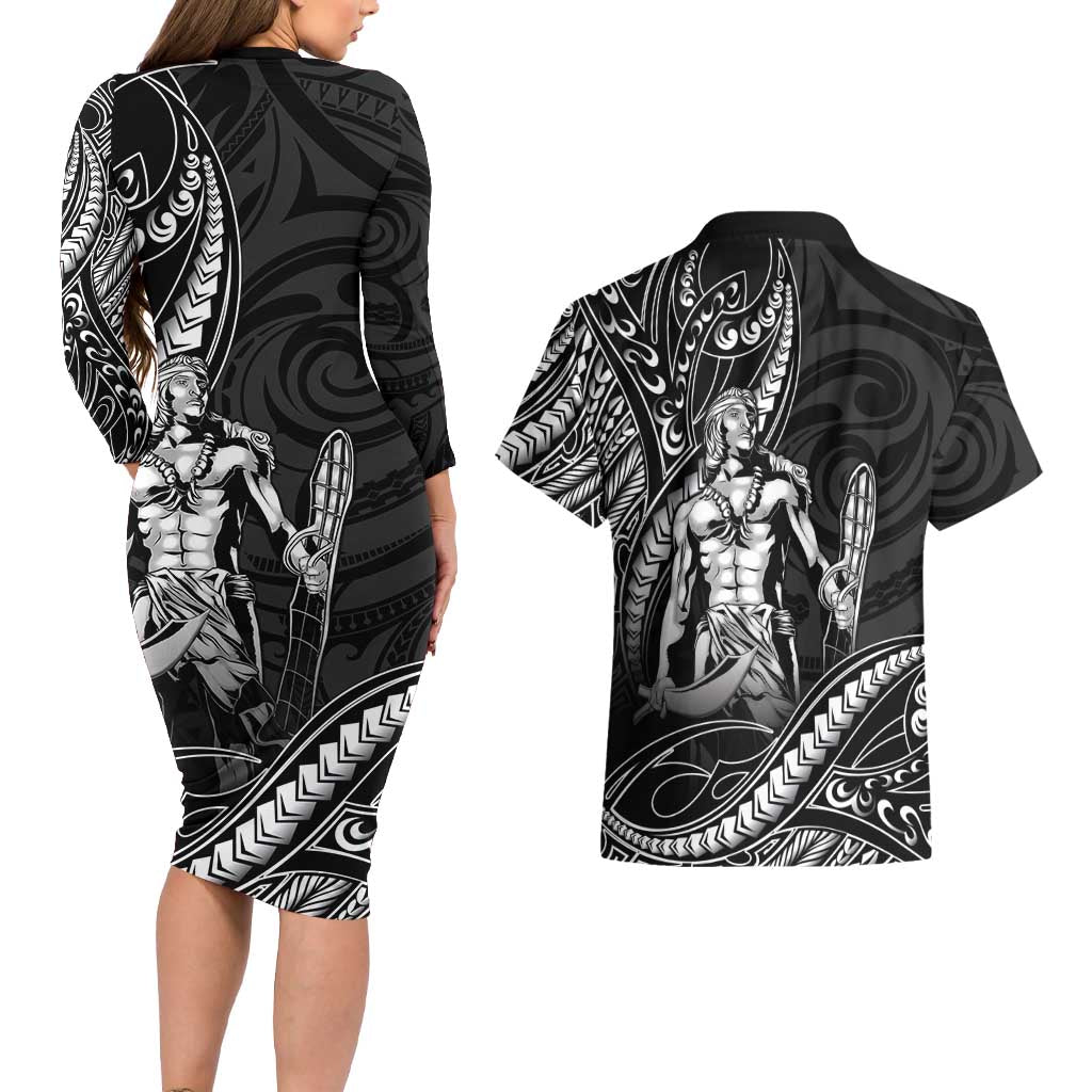 Filipinos Lapu Lapu Hero Couples Matching Long Sleeve Bodycon Dress and Hawaiian Shirt Black Polynesian Tribal Tattoo LT05 - Polynesian Pride