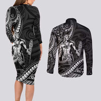 Filipinos Lapu Lapu Hero Couples Matching Long Sleeve Bodycon Dress and Long Sleeve Button Shirt Black Polynesian Tribal Tattoo