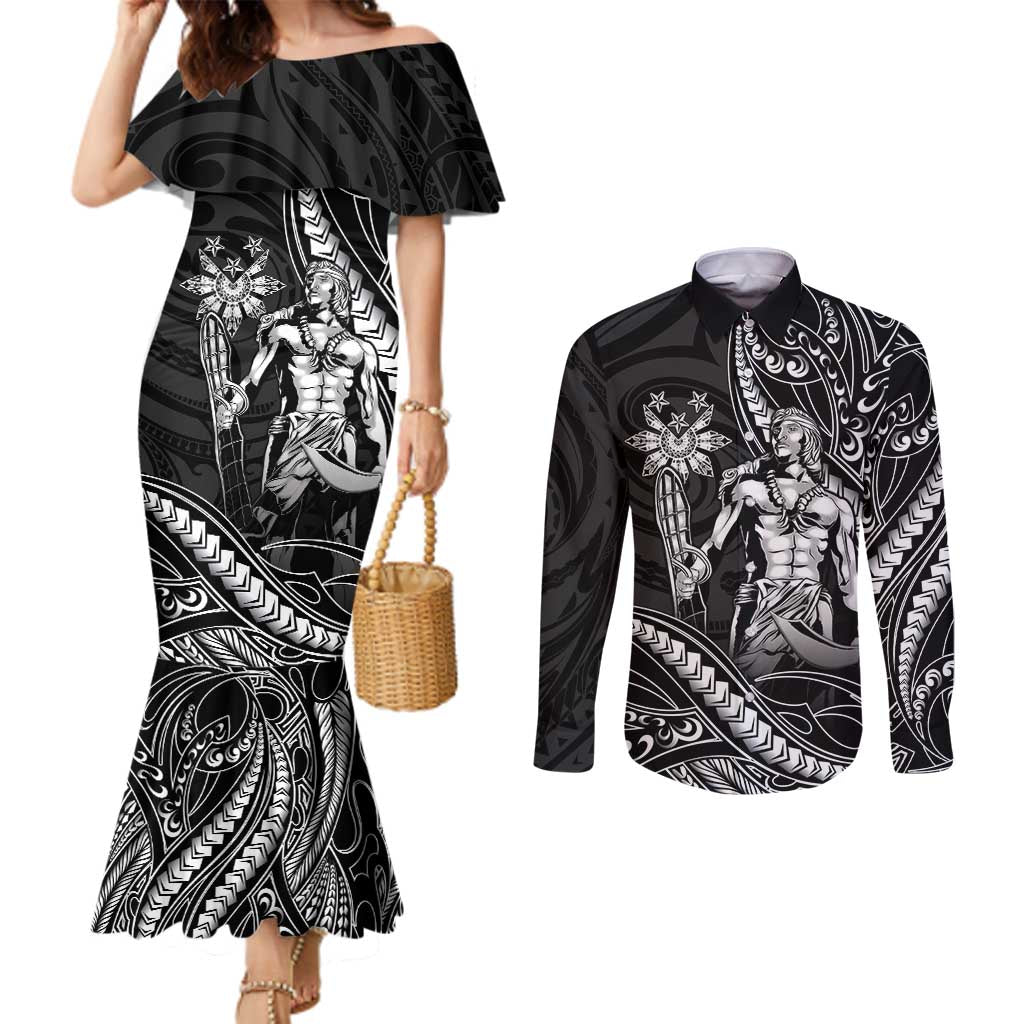 Filipinos Lapu Lapu Hero Couples Matching Mermaid Dress and Long Sleeve Button Shirt Black Polynesian Tribal Tattoo