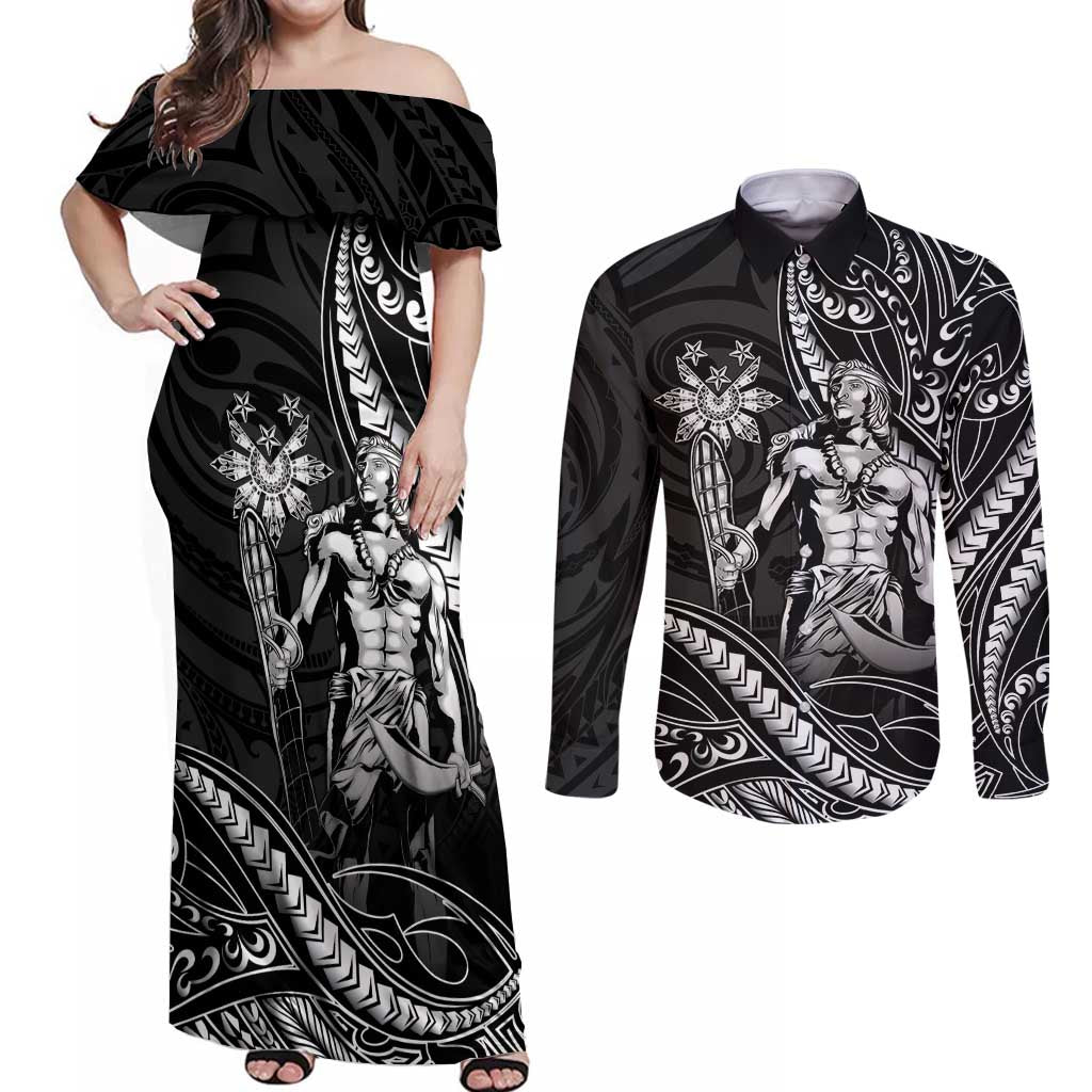 Filipinos Lapu Lapu Hero Couples Matching Off Shoulder Maxi Dress and Long Sleeve Button Shirt Black Polynesian Tribal Tattoo LT05 Black - Polynesian Pride