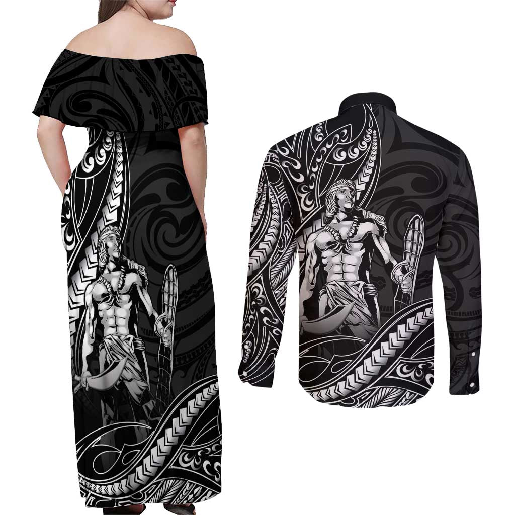 Filipinos Lapu Lapu Hero Couples Matching Off Shoulder Maxi Dress and Long Sleeve Button Shirt Black Polynesian Tribal Tattoo LT05 - Polynesian Pride