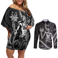 Filipinos Lapu Lapu Hero Couples Matching Off Shoulder Short Dress and Long Sleeve Button Shirt Black Polynesian Tribal Tattoo LT05 Black - Polynesian Pride