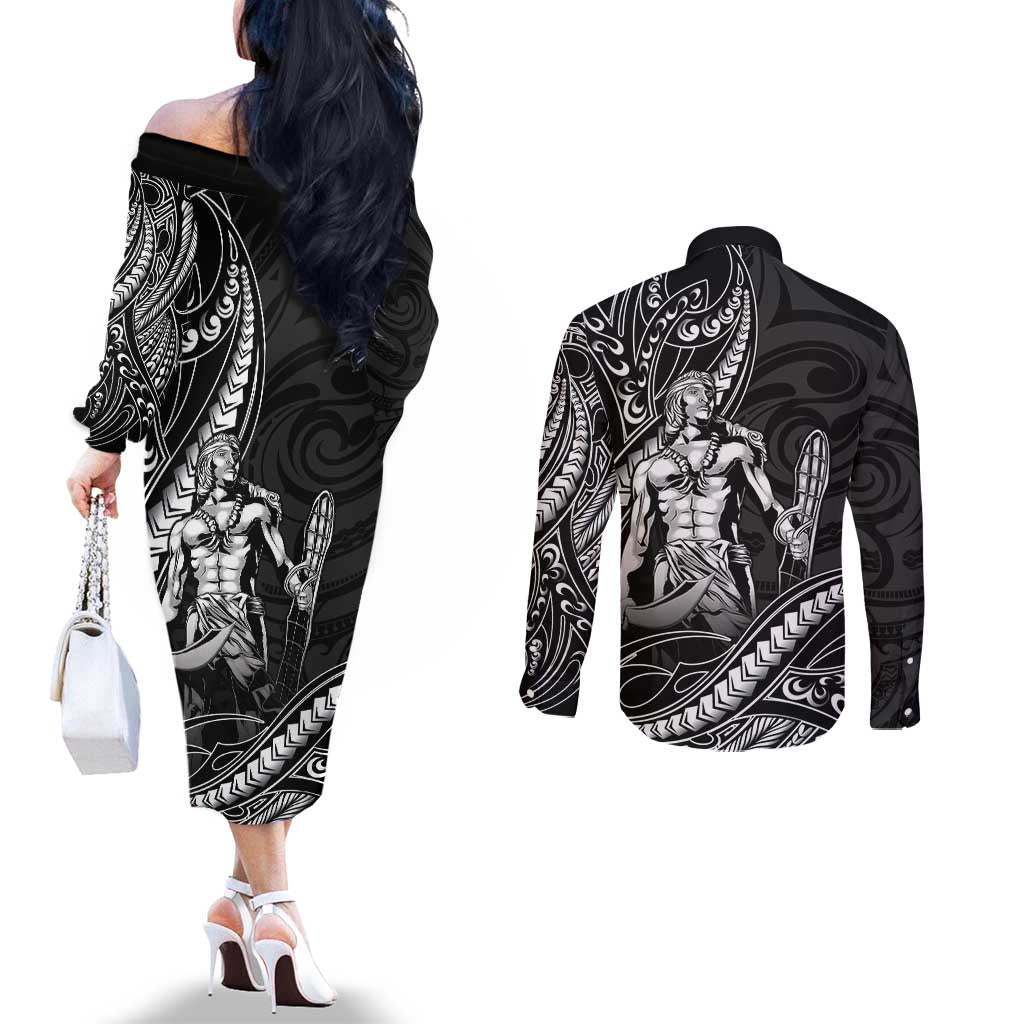 Filipinos Lapu Lapu Hero Couples Matching Off The Shoulder Long Sleeve Dress and Long Sleeve Button Shirt Black Polynesian Tribal Tattoo