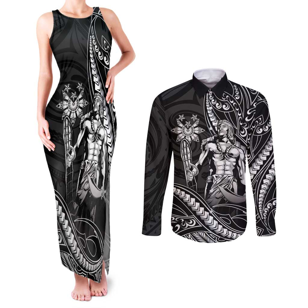 Filipinos Lapu Lapu Hero Couples Matching Tank Maxi Dress and Long Sleeve Button Shirt Black Polynesian Tribal Tattoo LT05 Black - Polynesian Pride