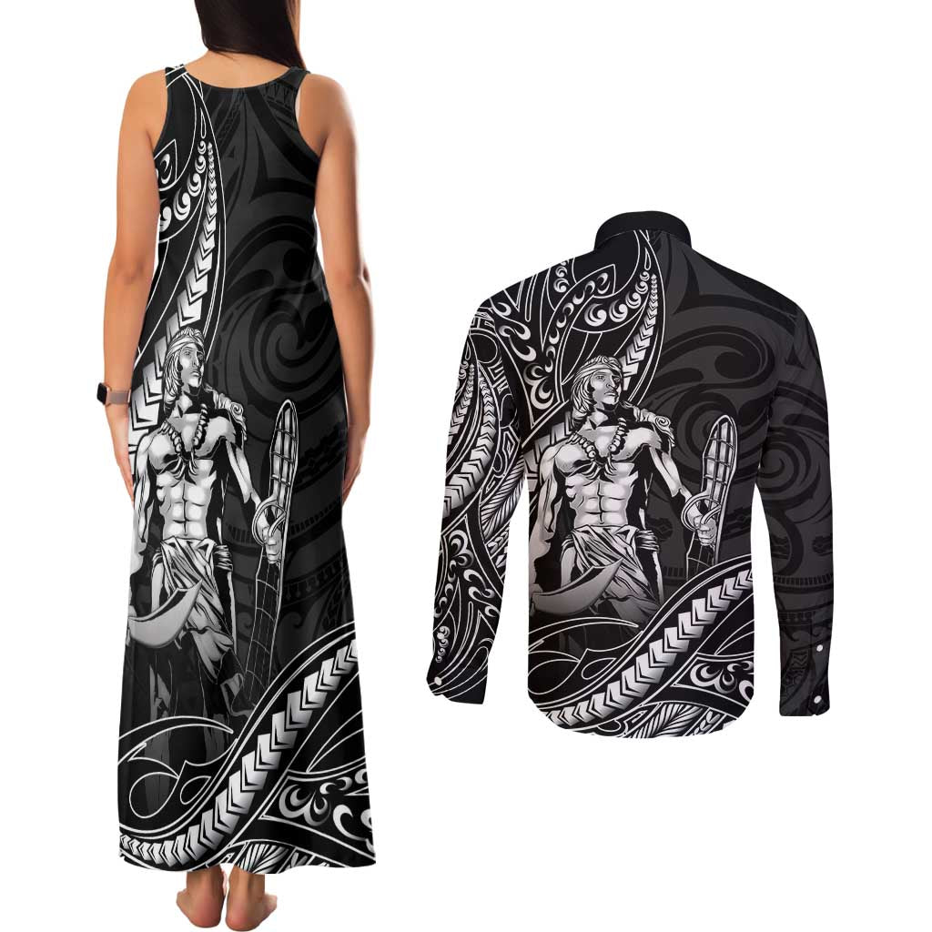 Filipinos Lapu Lapu Hero Couples Matching Tank Maxi Dress and Long Sleeve Button Shirt Black Polynesian Tribal Tattoo LT05 - Polynesian Pride
