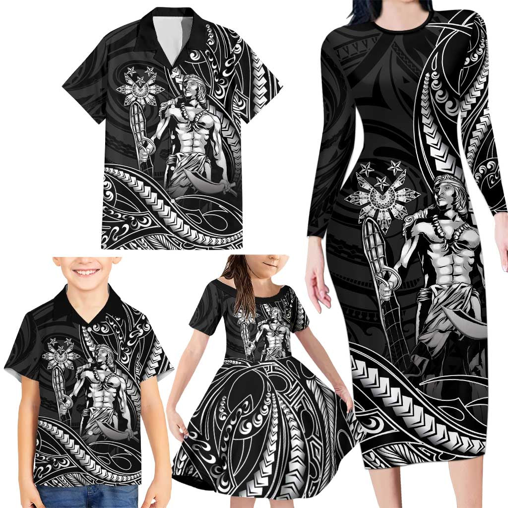 Filipinos Lapu Lapu Hero Family Matching Long Sleeve Bodycon Dress and Hawaiian Shirt Black Polynesian Tribal Tattoo