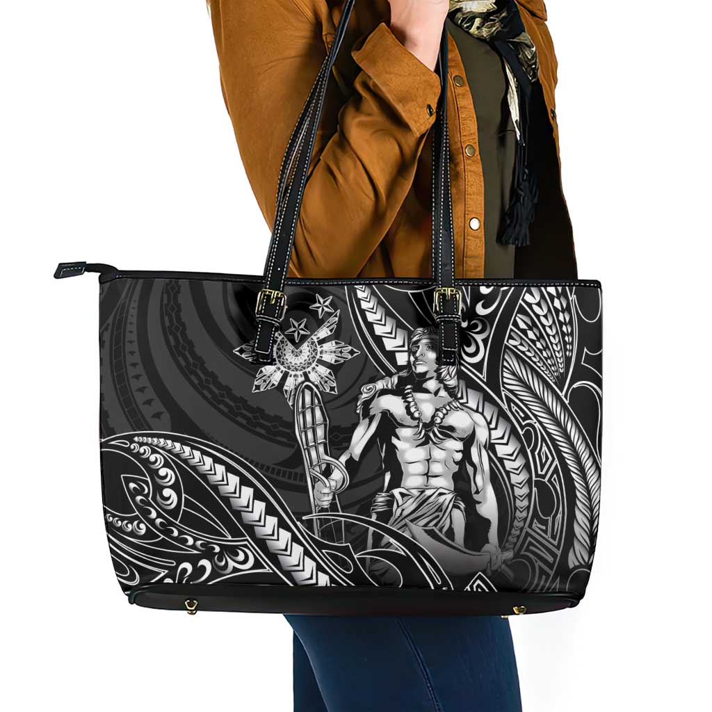 Filipinos Lapu Lapu Hero Leather Tote Bag Black Polynesian Tribal Tattoo