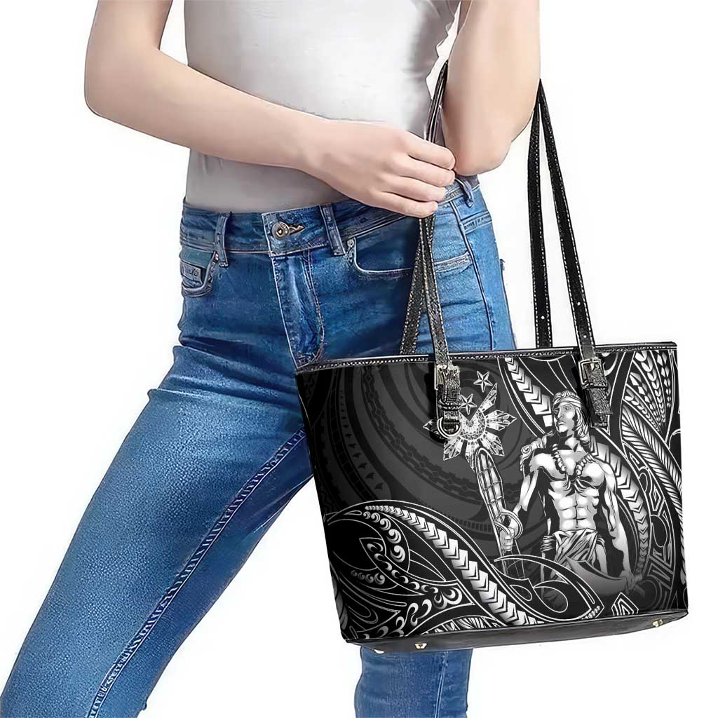 Filipinos Lapu Lapu Hero Leather Tote Bag Black Polynesian Tribal Tattoo