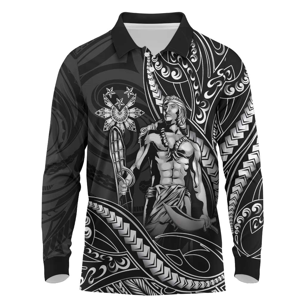 Filipinos Lapu Lapu Hero Long Sleeve Polo Shirt Black Polynesian Tribal Tattoo LT05 Black - Polynesian Pride