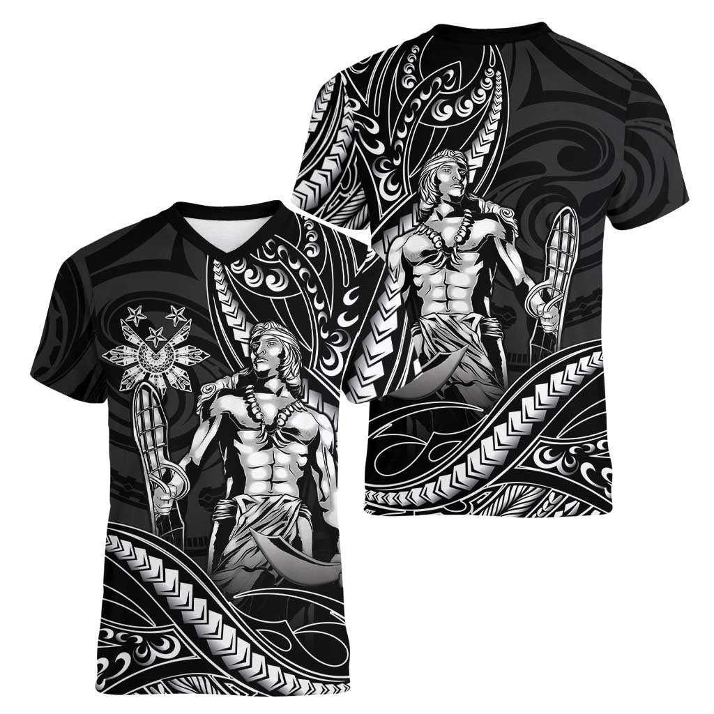 Filipinos Lapu Lapu Hero Women V-Neck T-Shirt Black Polynesian Tribal Tattoo LT05 - Polynesian Pride