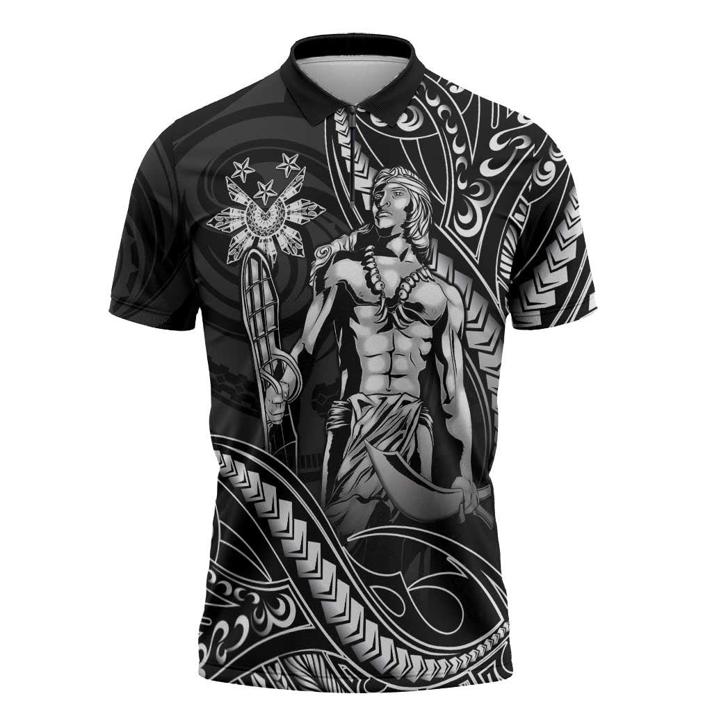 Filipinos Lapu Lapu Hero Zipper Polo Shirt Black Polynesian Tribal Tattoo LT05 Black - Polynesian Pride