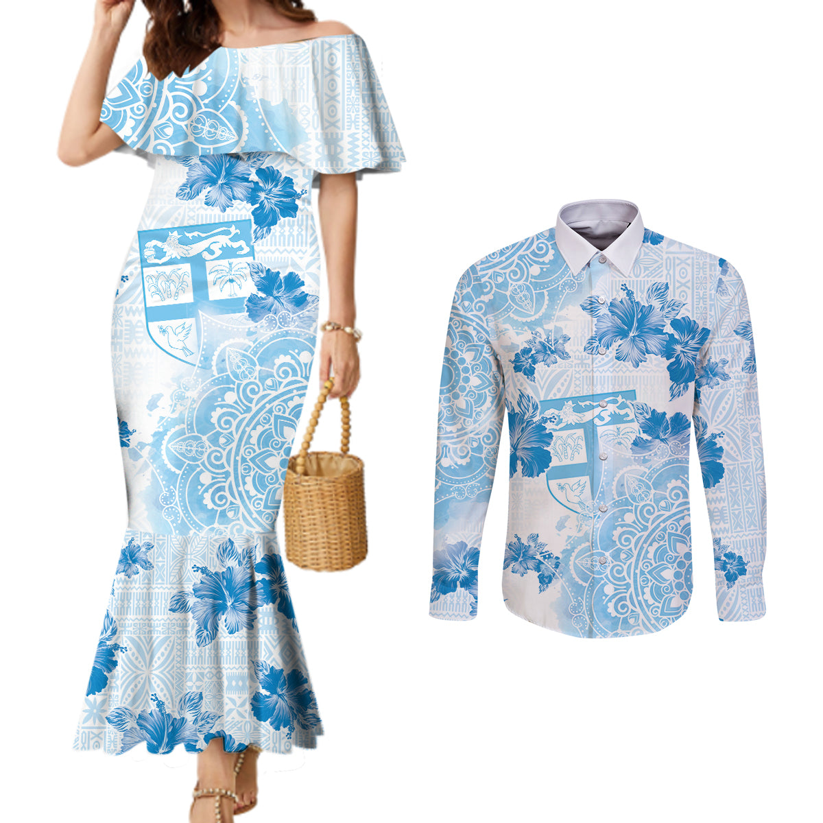 Happy Fiji Girmit Day Couples Matching Mermaid Dress and Long Sleeve Button Shirt Fijian Tapa With Mandala Pattern