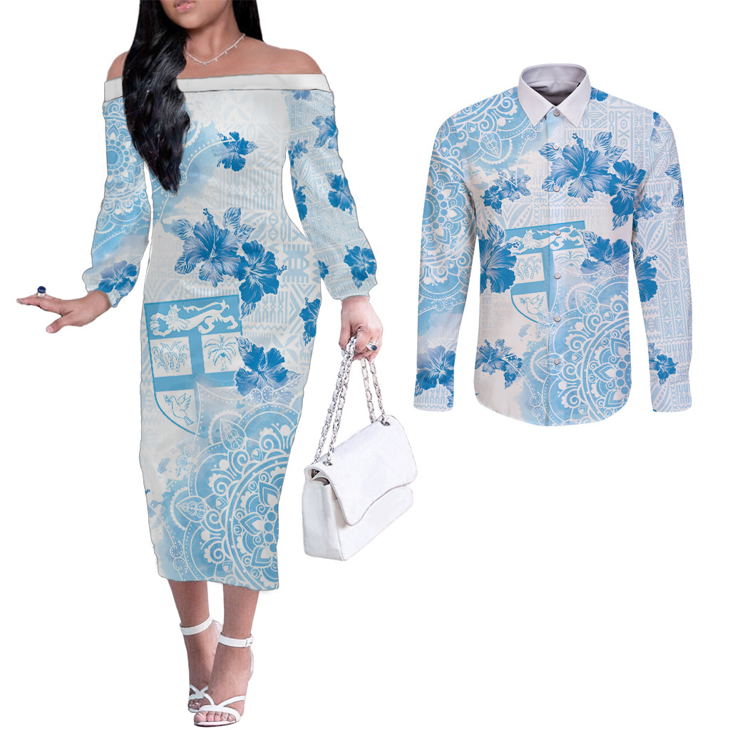 Happy Fiji Girmit Day Couples Matching Off The Shoulder Long Sleeve Dress and Long Sleeve Button Shirt Fijian Tapa With Mandala Pattern