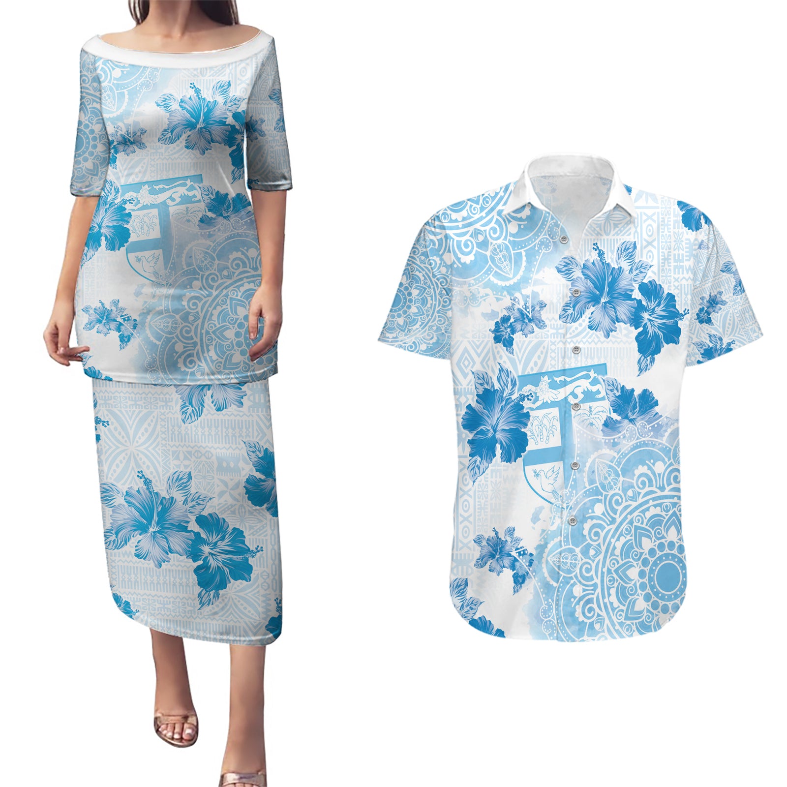 Happy Fiji Girmit Day Couples Matching Puletasi and Hawaiian Shirt Fijian Tapa With Mandala Pattern
