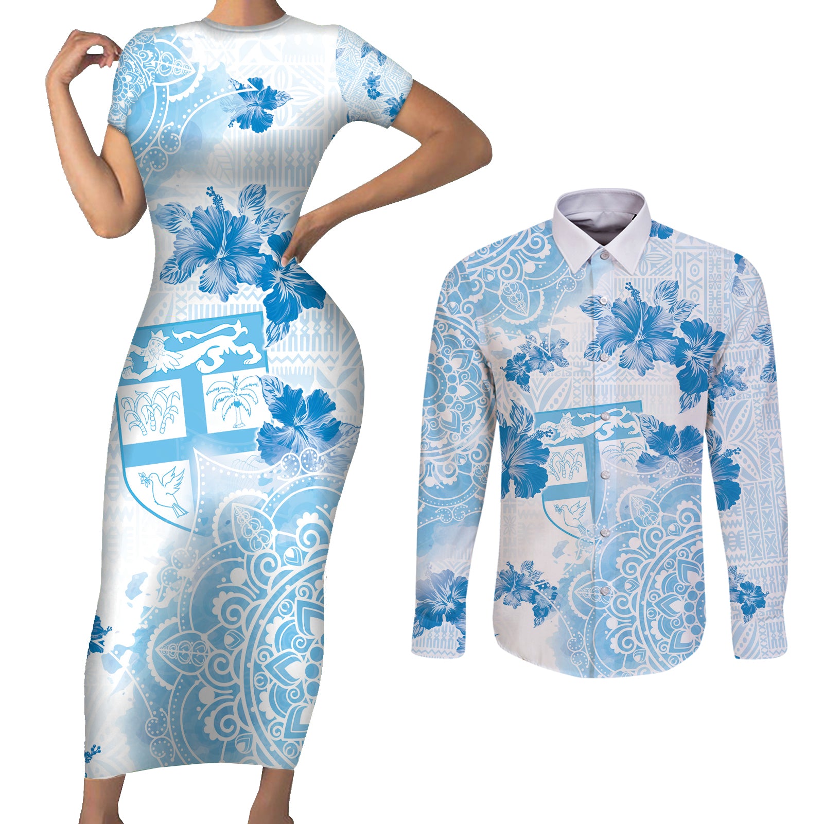 Happy Fiji Girmit Day Couples Matching Short Sleeve Bodycon Dress and Long Sleeve Button Shirt Fijian Tapa With Mandala Pattern