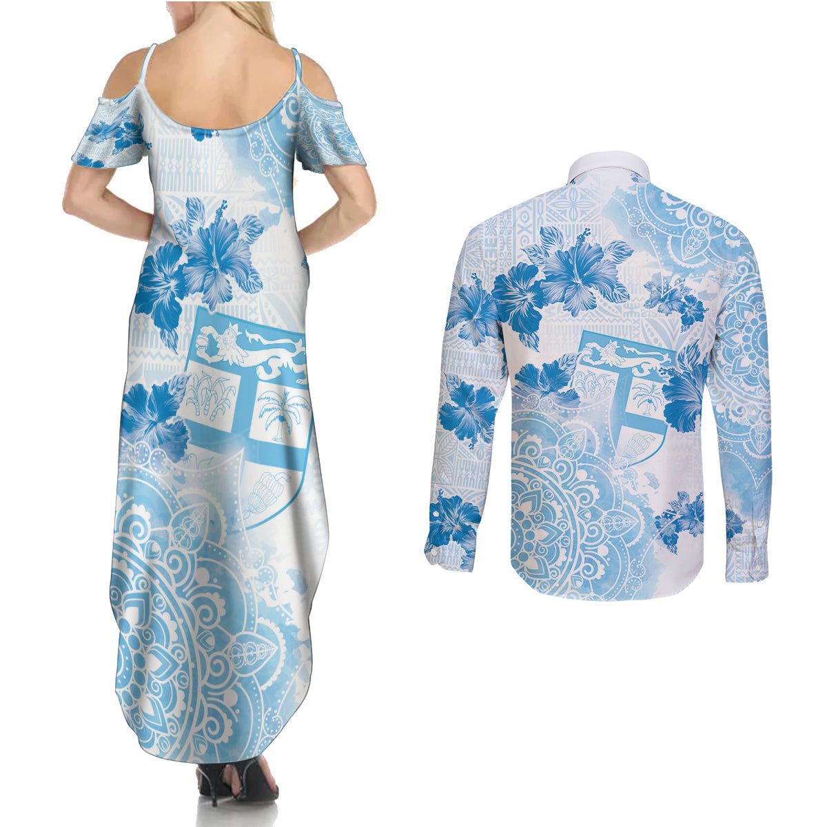 Happy Fiji Girmit Day Couples Matching Summer Maxi Dress and Long Sleeve Button Shirt Fijian Tapa With Mandala Pattern
