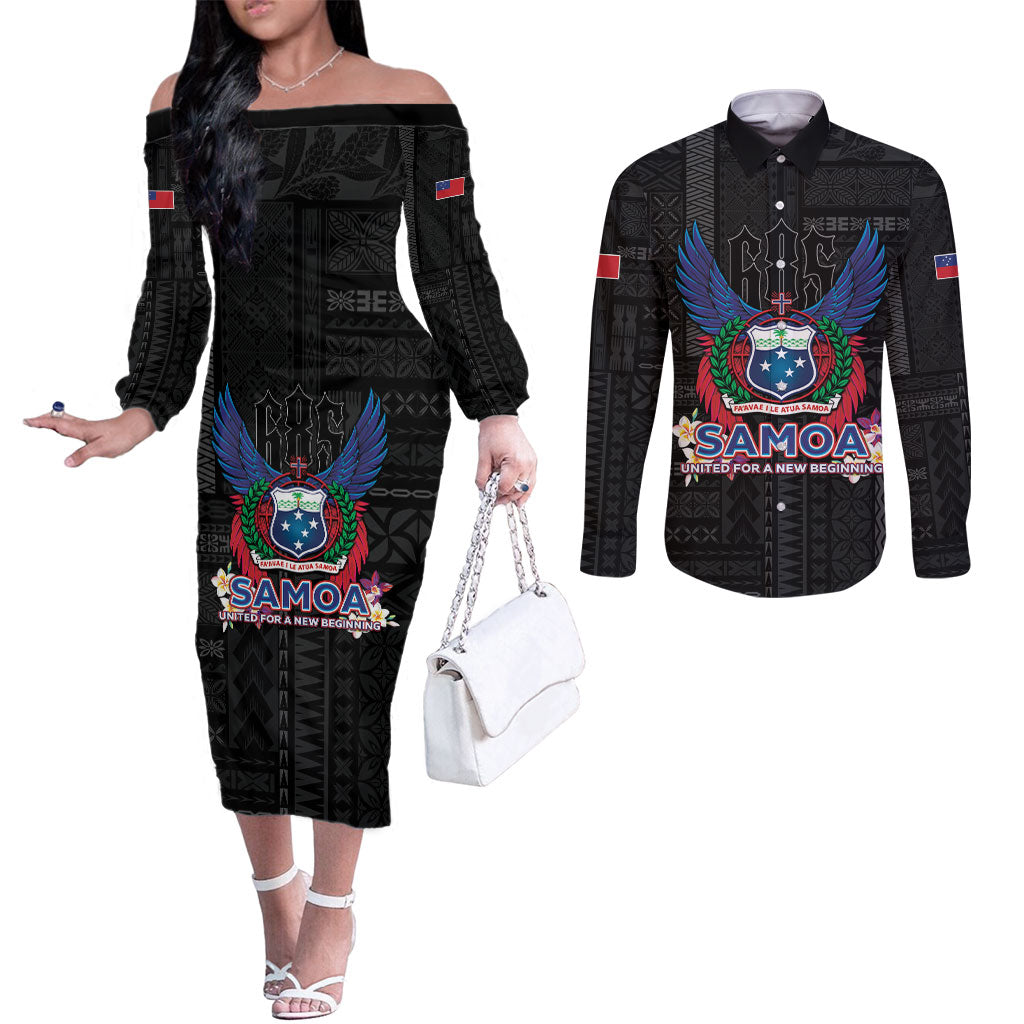 Samoa 64th Independence Anniversary Couples Matching Off The Shoulder Long Sleeve Dress and Long Sleeve Button Shirt LT05 Black - Polynesian Pride