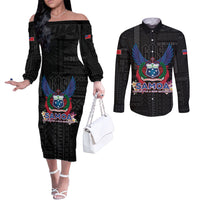 Samoa 64th Independence Anniversary Couples Matching Off The Shoulder Long Sleeve Dress and Long Sleeve Button Shirt LT05 Black - Polynesian Pride
