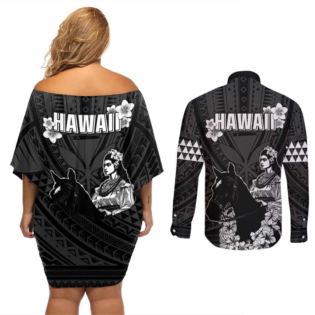 Hawaii King Kamehameha Day Parade Couples Matching Off Shoulder Short Dress and Long Sleeve Button Shirt With Pa'u Riders Plumeria Kakau Tribal Pattern