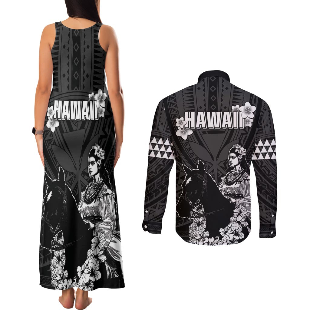 Hawaii King Kamehameha Day Parade Couples Matching Tank Maxi Dress and Long Sleeve Button Shirt With Pa'u Riders Plumeria Kakau Tribal Pattern
