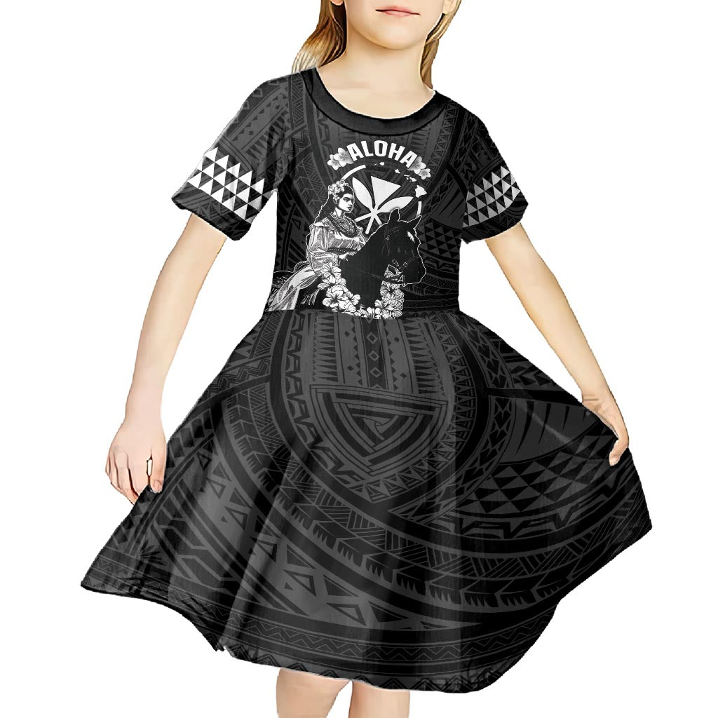 Hawaii King Kamehameha Day Parade Kid Short Sleeve Dress With Pa'u Riders Plumeria Kakau Tribal Pattern