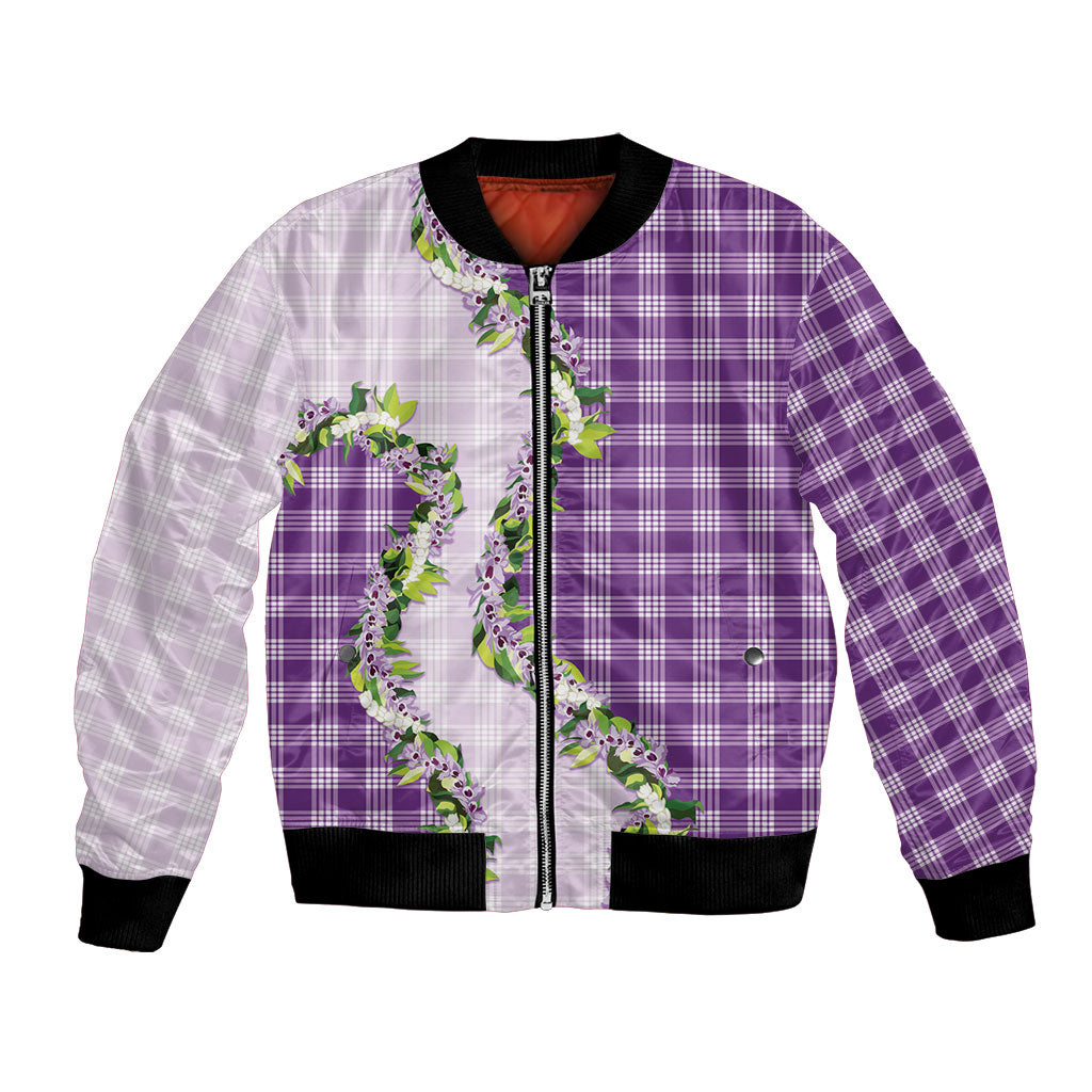 Violet Hawaii Palaka Bomber Jacket Maile Pikake Honohono Orchid Lei