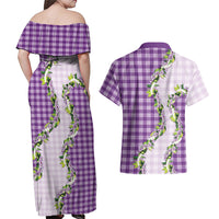Violet Hawaii Palaka Couples Matching Off Shoulder Maxi Dress and Hawaiian Shirt Maile Pikake Honohono Orchid Lei LT05 - Polynesian Pride