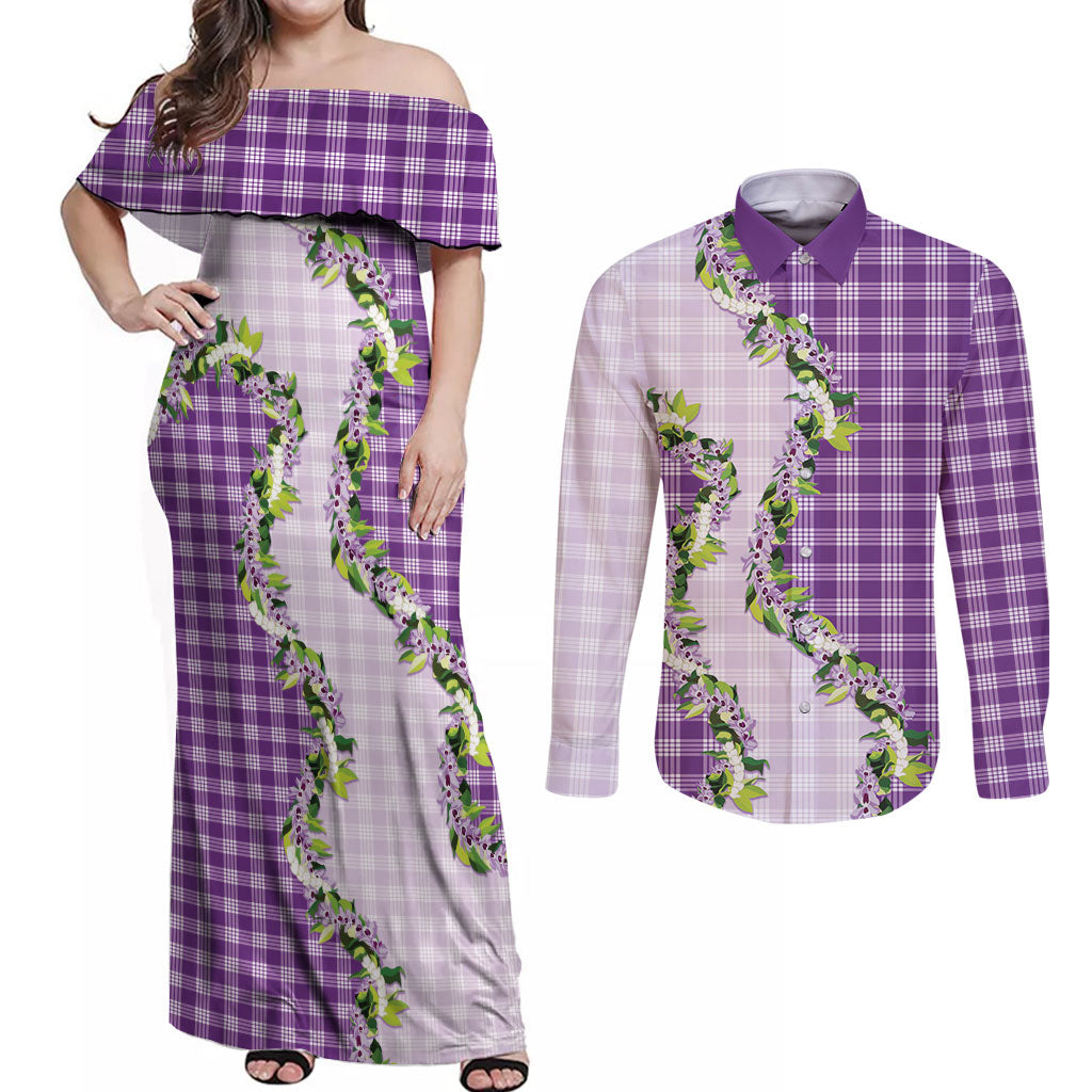 Violet Hawaii Palaka Couples Matching Off Shoulder Maxi Dress and Long Sleeve Button Shirt Maile Pikake Honohono Orchid Lei LT05 Violet - Polynesian Pride