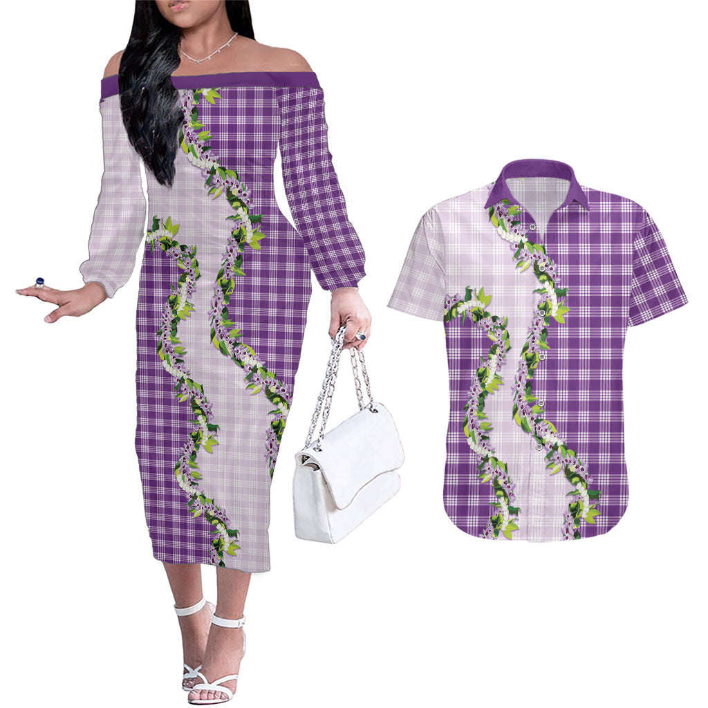 Violet Hawaii Palaka Couples Matching Off The Shoulder Long Sleeve Dress and Hawaiian Shirt Maile Pikake Honohono Orchid Lei LT05 Violet - Polynesian Pride