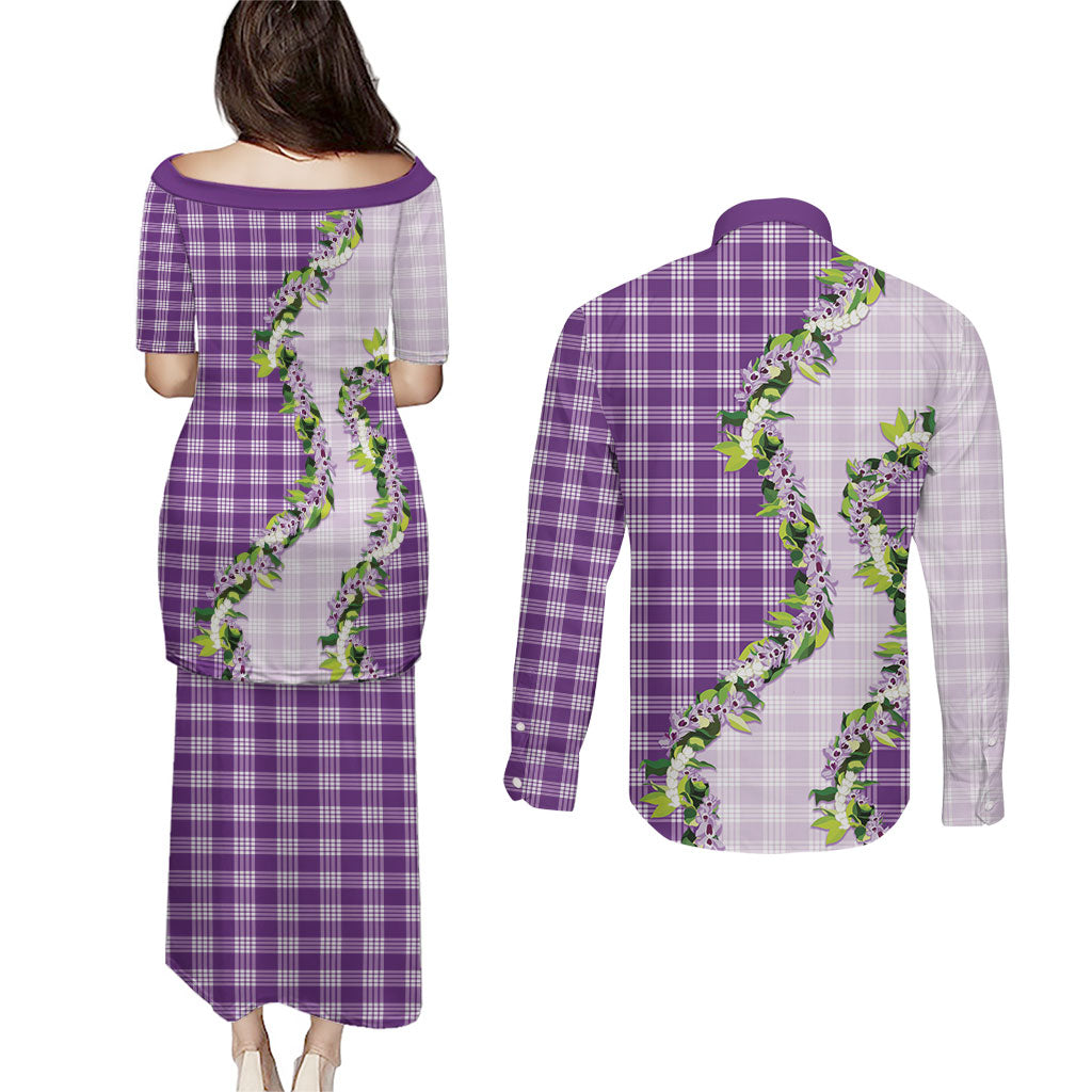 Violet Hawaii Palaka Couples Matching Puletasi and Long Sleeve Button Shirt Maile Pikake Honohono Orchid Lei LT05 - Polynesian Pride