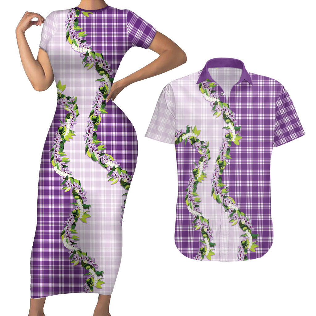 Violet Hawaii Palaka Couples Matching Short Sleeve Bodycon Dress and Hawaiian Shirt Maile Pikake Honohono Orchid Lei LT05 Violet - Polynesian Pride
