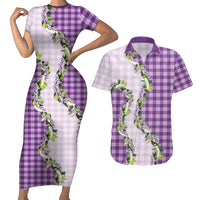 Violet Hawaii Palaka Couples Matching Short Sleeve Bodycon Dress and Hawaiian Shirt Maile Pikake Honohono Orchid Lei LT05 Violet - Polynesian Pride