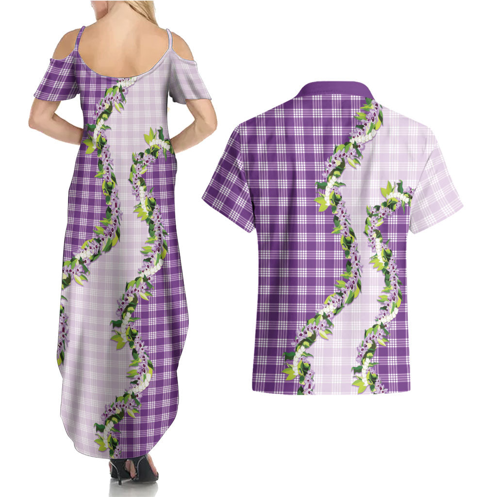 Violet Hawaii Palaka Couples Matching Summer Maxi Dress and Hawaiian Shirt Maile Pikake Honohono Orchid Lei LT05 - Polynesian Pride