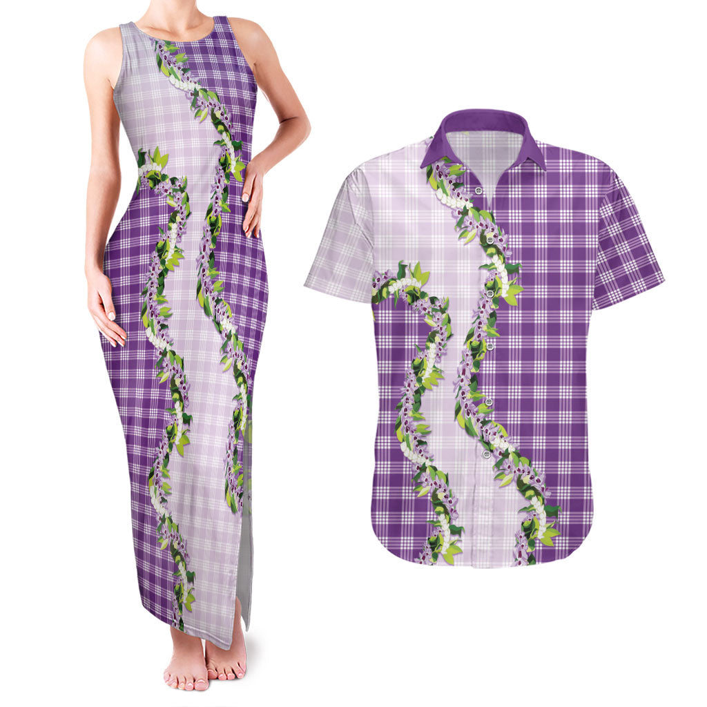 Violet Hawaii Palaka Couples Matching Tank Maxi Dress and Hawaiian Shirt Maile Pikake Honohono Orchid Lei