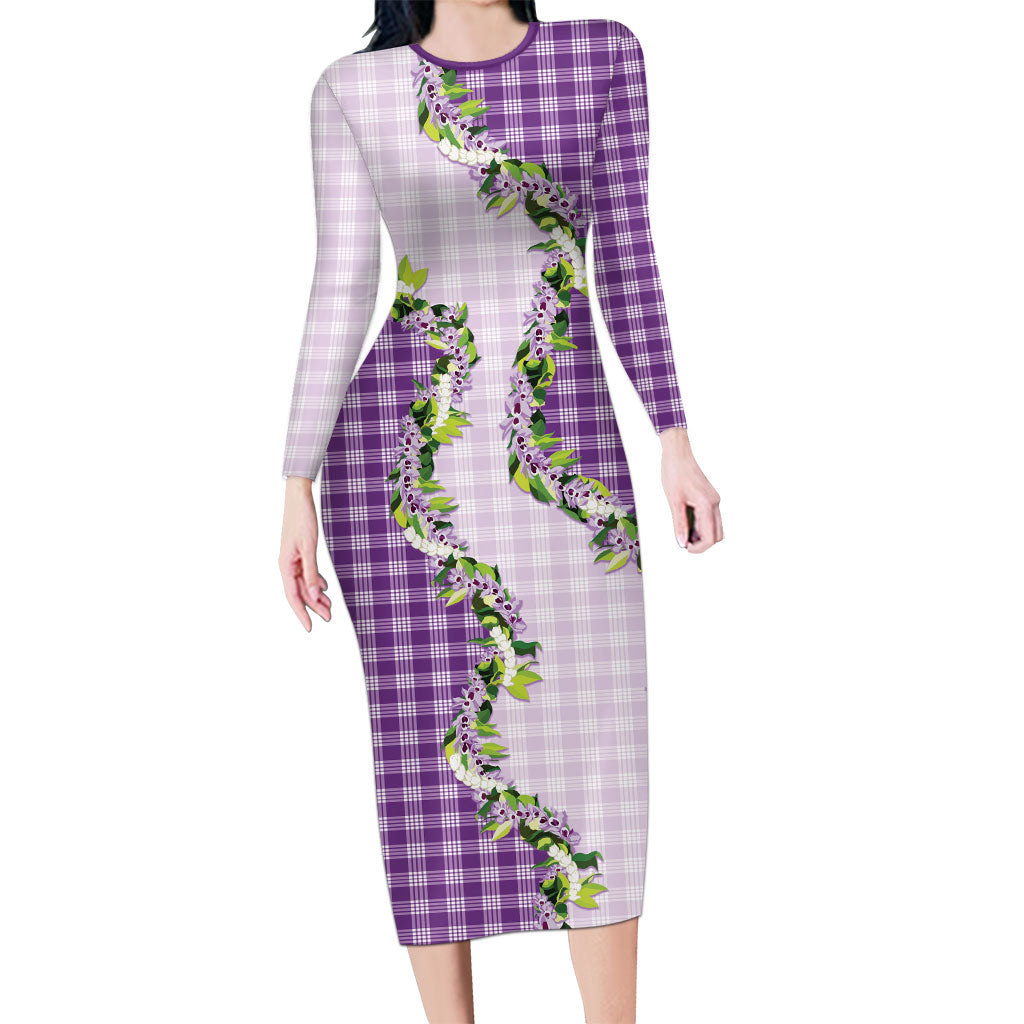 Violet Hawaii Palaka Family Matching Long Sleeve Bodycon Dress and Hawaiian Shirt Maile Pikake Honohono Orchid Lei LT05 Mom's Dress Violet - Polynesian Pride